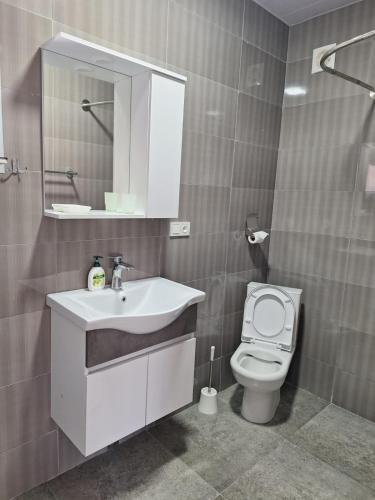 a bathroom with a white sink and a toilet at Paradise Mtskheta in Tbilisi City