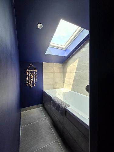 a bathroom with a bath tub and a skylight at Chambre d'hôtes Ahetzina in Ahetze