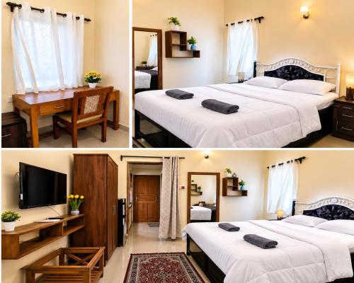 two pictures of a hotel room with two beds at Goan Villa Anjuna Beach in Anjuna