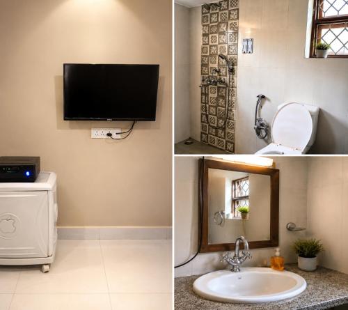 two pictures of a bathroom with a tv and a sink at Goan Villa Anjuna Beach in Anjuna