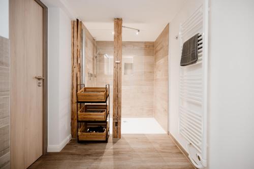 a bathroom with a walk in shower next to a walk in closet at KleineAuszeit in Blankenburg