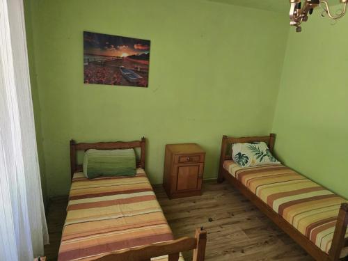 two beds in a room with green walls at Lina in Dobrota