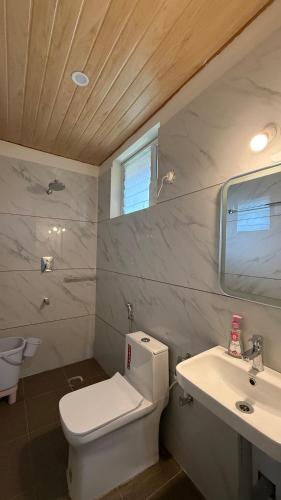 a bathroom with a white toilet and a sink at Chirooss Homestays And Resorts in Chikmagalūr