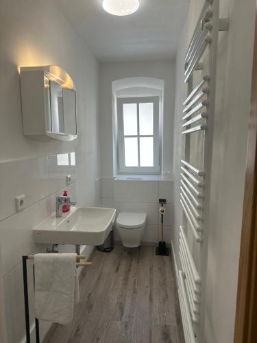 a white bathroom with a sink and a toilet at Gästehaus Rachinger in Pappenheim