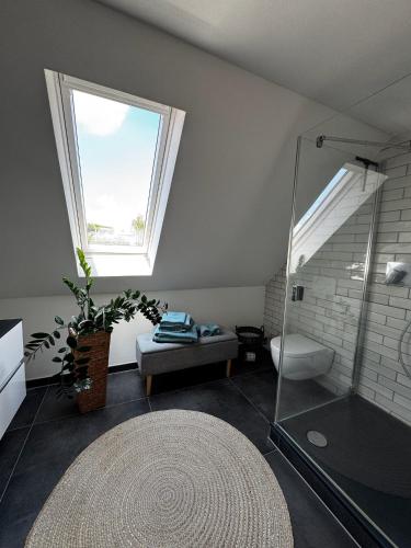 a bathroom with a shower and a window and a rug at GENUSSZEIT Cottage in Udenhain