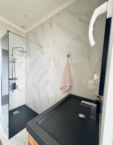 a bathroom with a shower and a black and white marble wall at Casascope in Jaunay-Clan