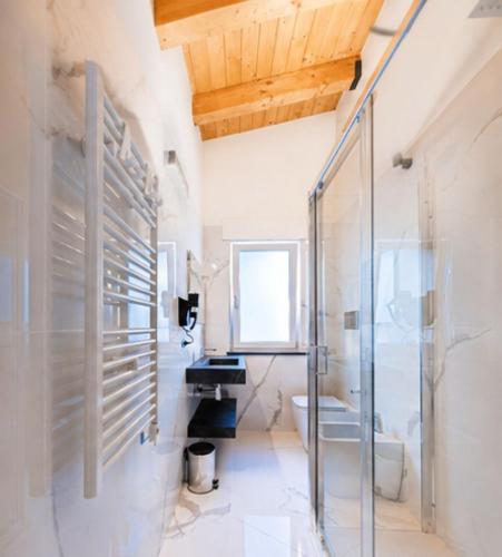 a bathroom with a glass shower and a toilet at Casa Madrigale - radici e ritorni in Praia a Mare