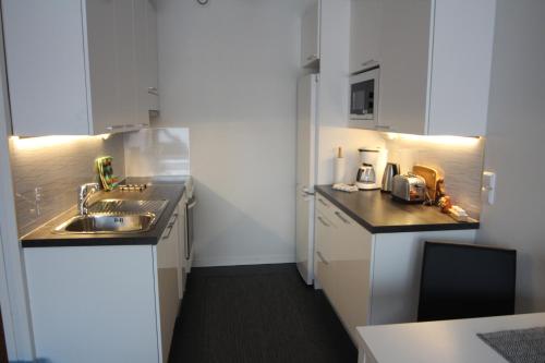 ロヴァニエミにあるJaakonkatu City Apartmentの白いキャビネットとシンクを備えた小さなキッチン