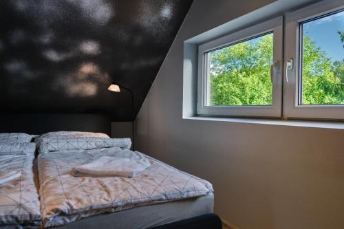 a bedroom with a bed and two windows at Natura Taszów in Lewin Kłodzki