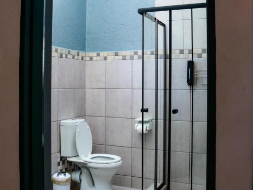 a bathroom with a toilet and a glass shower at Matsamo Lakeview Lodge in Schoemansdal