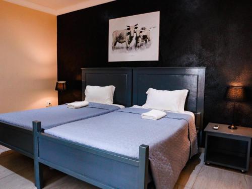 a bedroom with a blue bed and a black wall at Matsamo Lakeview Lodge in Schoemansdal