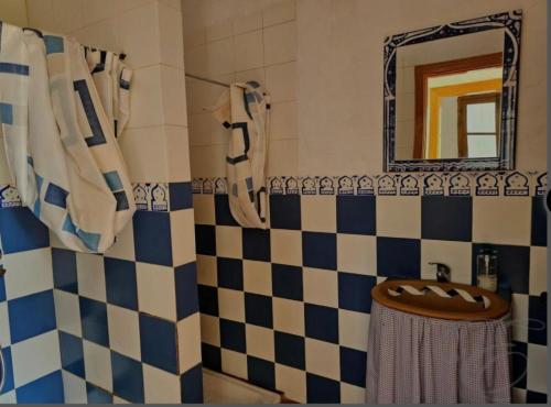a bathroom with a black and white checkered wall at Casa Rural La Saucedilla in Archidona