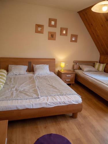 a bedroom with two beds and a lamp on a table at Pákász Nyaralóház in Tiszafüred