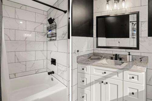 a white bathroom with a tub and a sink at New! Cozy Family Getaway: Amish Farmland|Patio|Washer & Dryer|Central Lancaster County in Ronks