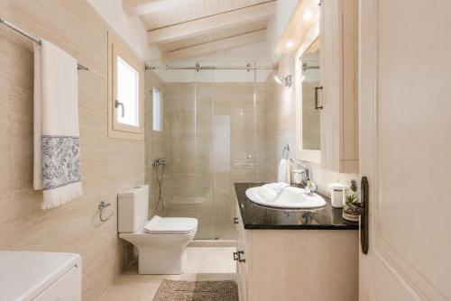 a bathroom with a toilet and a sink and a shower at Villa Frosso in Kalami