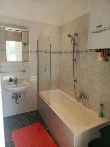a bathroom with a bath tub and a sink at Spacious Heritage Apartment for Groups in Bruck an der Leitha