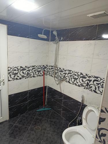 a bathroom with a shower and a toilet in it at Kirayeev Hamarmeşə in Lerik