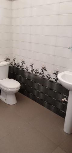 a bathroom with a toilet and a sink at 53 Villa in Habaraduwa Central