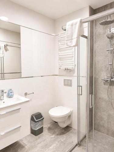 a white bathroom with a toilet and a shower at Willa Agnieszki in Jagniątków