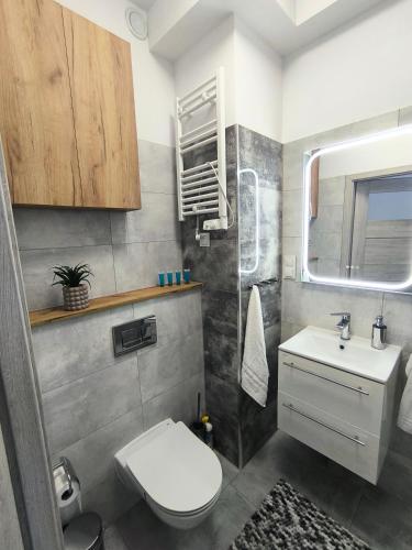 a bathroom with a white toilet and a sink at DN Fly & Stay in Wrocław