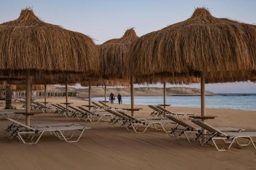 a group of chairs and straw umbrellas on a beach at JAZ Elite Riviera in Port Ghalib