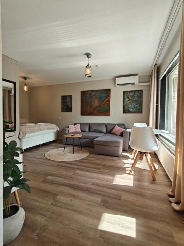 a living room with a couch and a bed at Kaupunkikoti omalla saunalla sekä lähellä juna-asemaa, 100M Wifi in Järvenpää