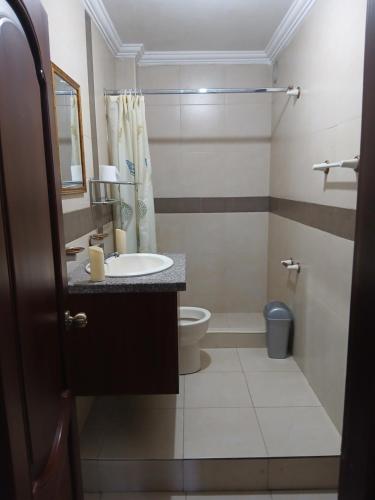 ein Badezimmer mit Waschbecken und Toilette in der Unterkunft Hotel Jomaley in Loja