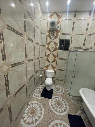 a bathroom with a toilet and a shower and a sink at The Vicarage in Lashibi