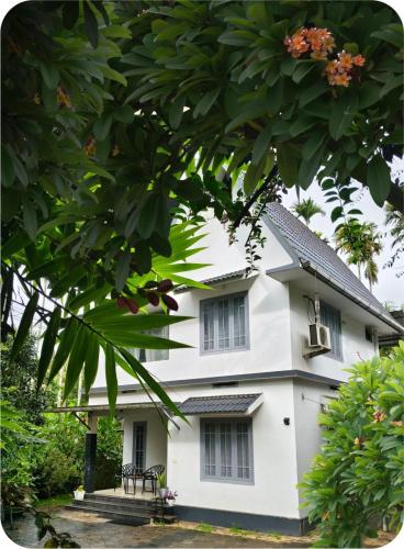 a white house with two windows and a tree at The bharani villa in Pulpally
