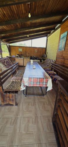 a room with a long table in a room with benches at Casa Danut in Vidra