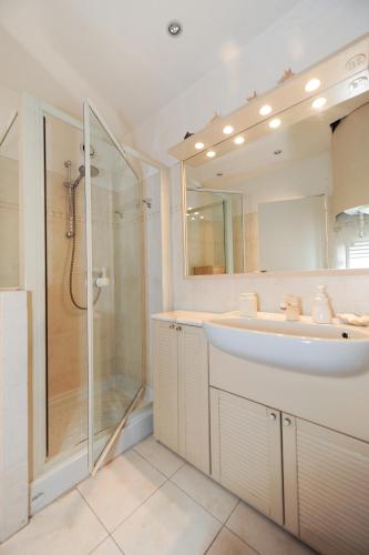 une salle de bain avec une douche, un lavabo et un miroir dans l'établissement Appartement Clemenceau Centre Nice Five stars Holiday House, à Nice