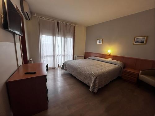 a bedroom with a bed and a desk and a television at Rosaleda Self-Hotel in Fondarella