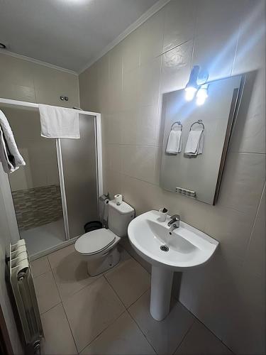 a bathroom with a sink and a toilet and a shower at Rosaleda Self-Hotel in Fondarella