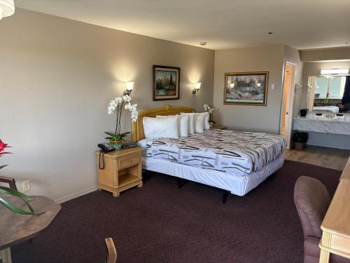 a hotel room with a bed and a sink at Bayview Inn in Crescent City