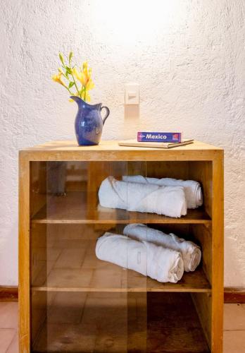 a book shelf with towels and a vase on it at Geodesic sanctuary with a heated pool in Chiconcuac