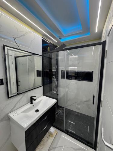 a bathroom with a shower and a white sink at NelaLux 2 in Bratunac