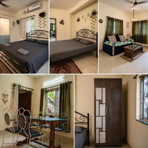 a collage of four pictures of a bedroom at Casa Neo villa Vagator in Anjuna