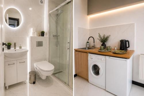 a bathroom with a toilet sink and a washing machine at Powidz Comfort Suites in Powidz