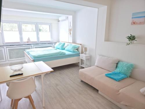 a small room with a bed and a couch at RheinStay Bingen in Bingen am Rhein