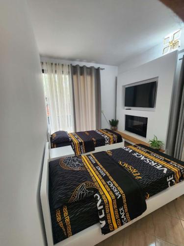 a bedroom with two beds and a flat screen tv at Apartment 1 by Villa Ceni in Elbasan