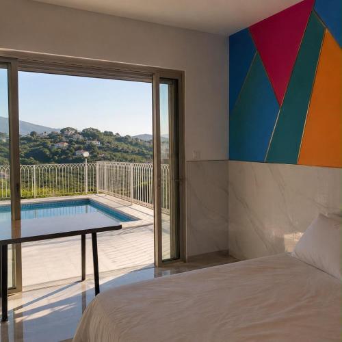 a bedroom with a bed and a swimming pool at שושנת מטולה in Metulla