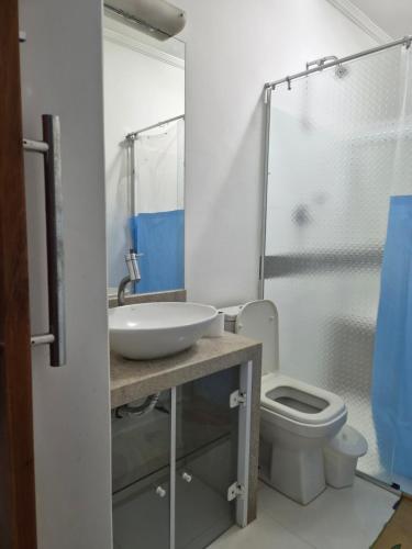 a bathroom with a sink and a toilet at orquídea in Paulínia
