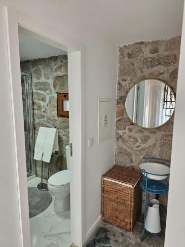 a bathroom with a toilet and a mirror at Quinta da Cachada in Lousada