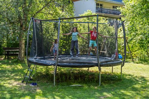 a group of children playing on a trampoline at Großer Garten mit Grill,-Spiel und Sitzmöglichkeiten-umgeben von schöner Natur-Ferienhaus Albmatte in St. Blasien