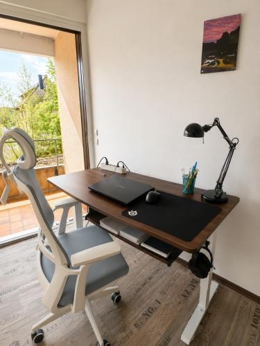a desk with a laptop and a lamp and a chair at Apartment Balkon Parkplatz Arbeitsplatz in Reutlingen