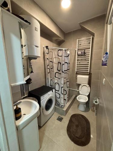 ein kleines Badezimmer mit Toilette und Waschmaschine in der Unterkunft Stan Stefi in Pljevlja