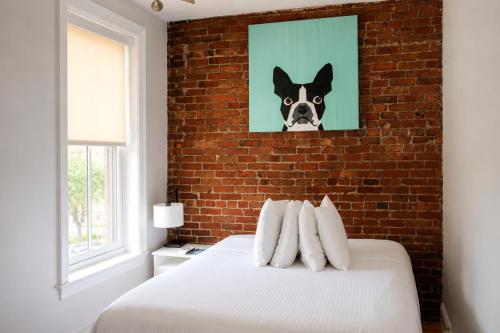 a bedroom with a picture of a dog on the wall at Charming Studio in Boston Brownstone, C.Ave#5 in Boston