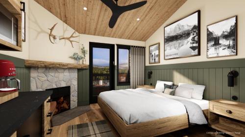 a bedroom with a bed and a fireplace at Tekarra Lodge in Jasper