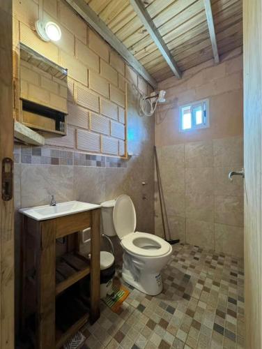 a bathroom with a toilet and a sink at Cabañas Sagrado Corazón in Ituzaingó