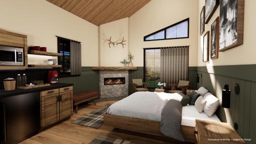 a bedroom with a bed and a fireplace at Tekarra Lodge in Jasper